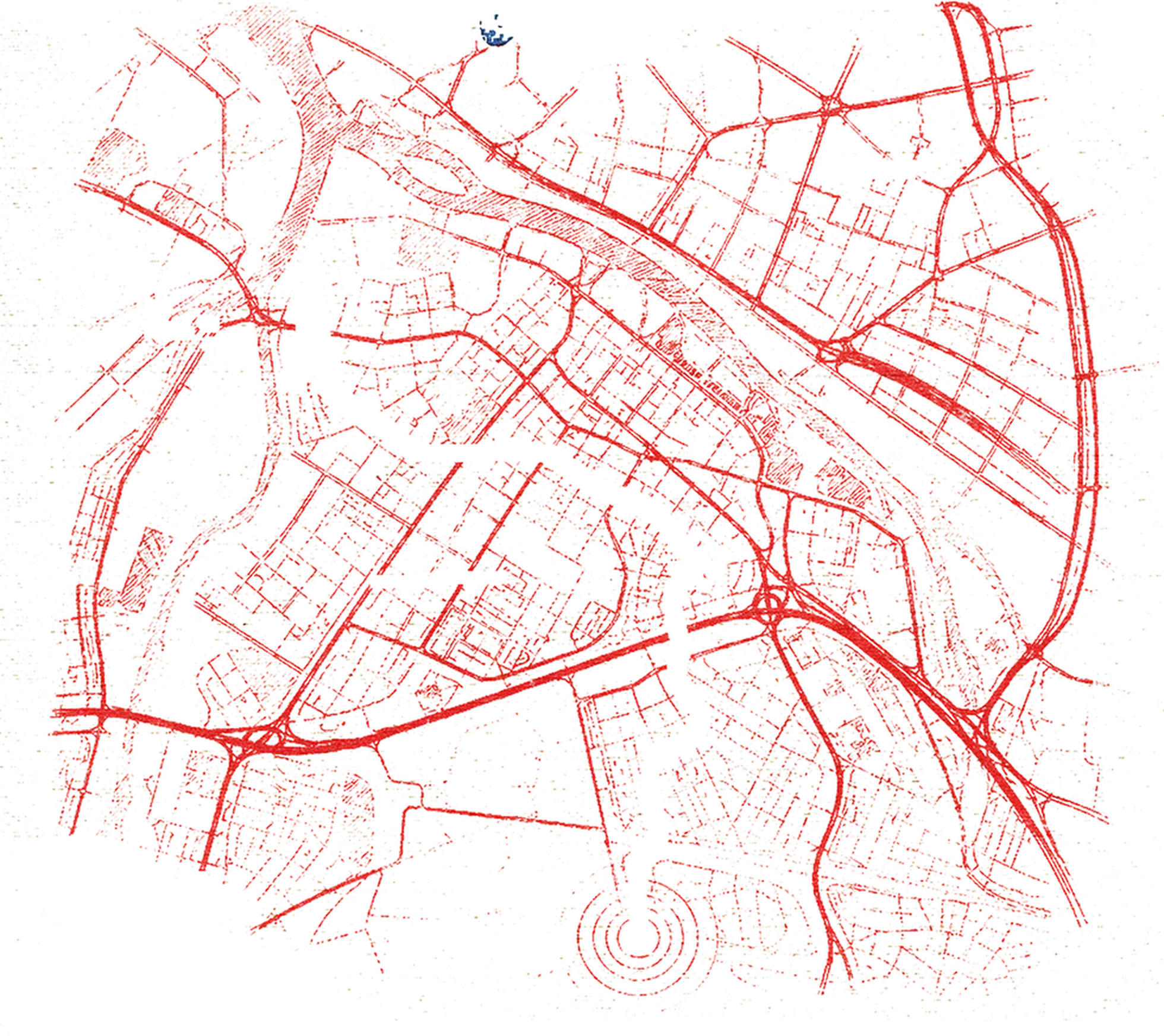 Plan de Paris tracé à l'encre rouge, avec l'itinéraire de la soirée